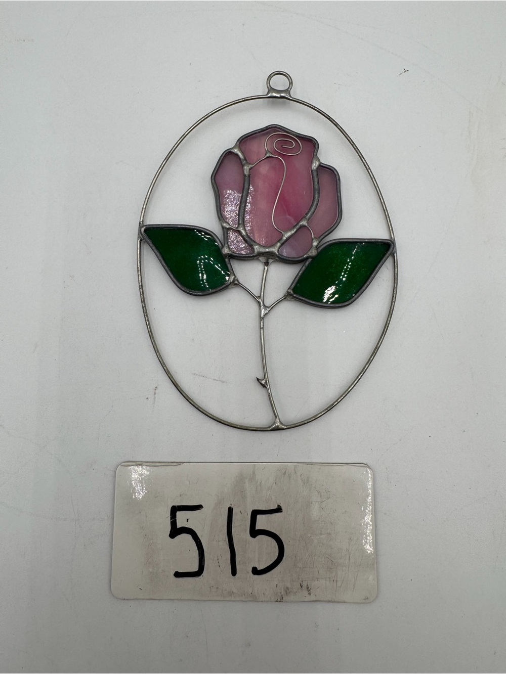 Handmade Stained Glass Pink Rose Suncatcher Oval Window Panel Floral Hanging